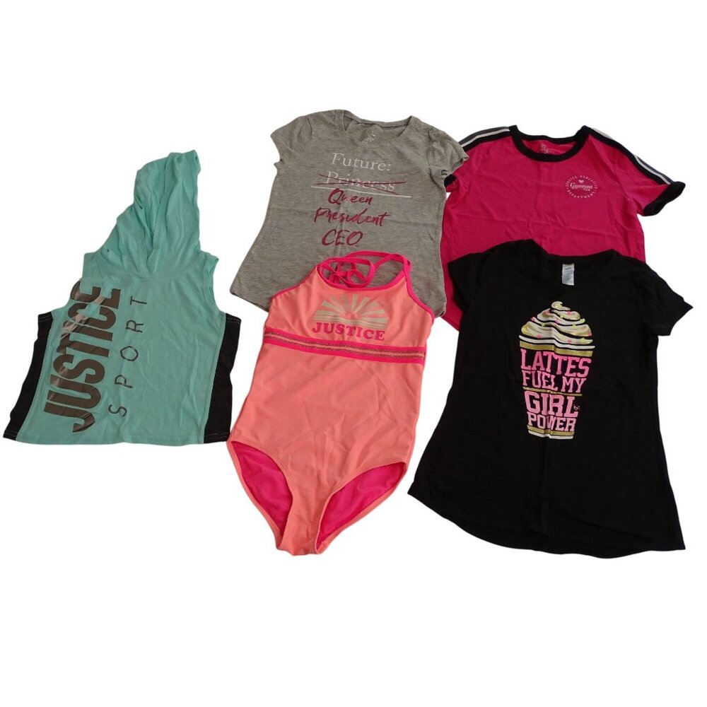 Lot of 5 Justice Active Sports Casual Wear Shirts and Swimsuit Girls Size 8